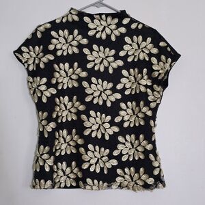 Black Top with Gold Floral Embroidery - Women's Elegant Short Sleeve Blouse